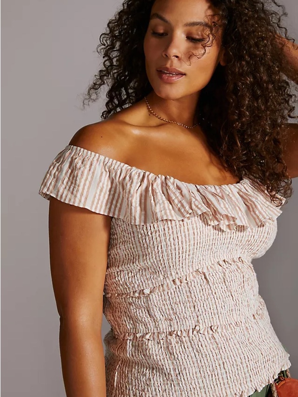 Anthropologie Off Shoulder Smocked Top – Ruffle Stripe Boho Blouse | M